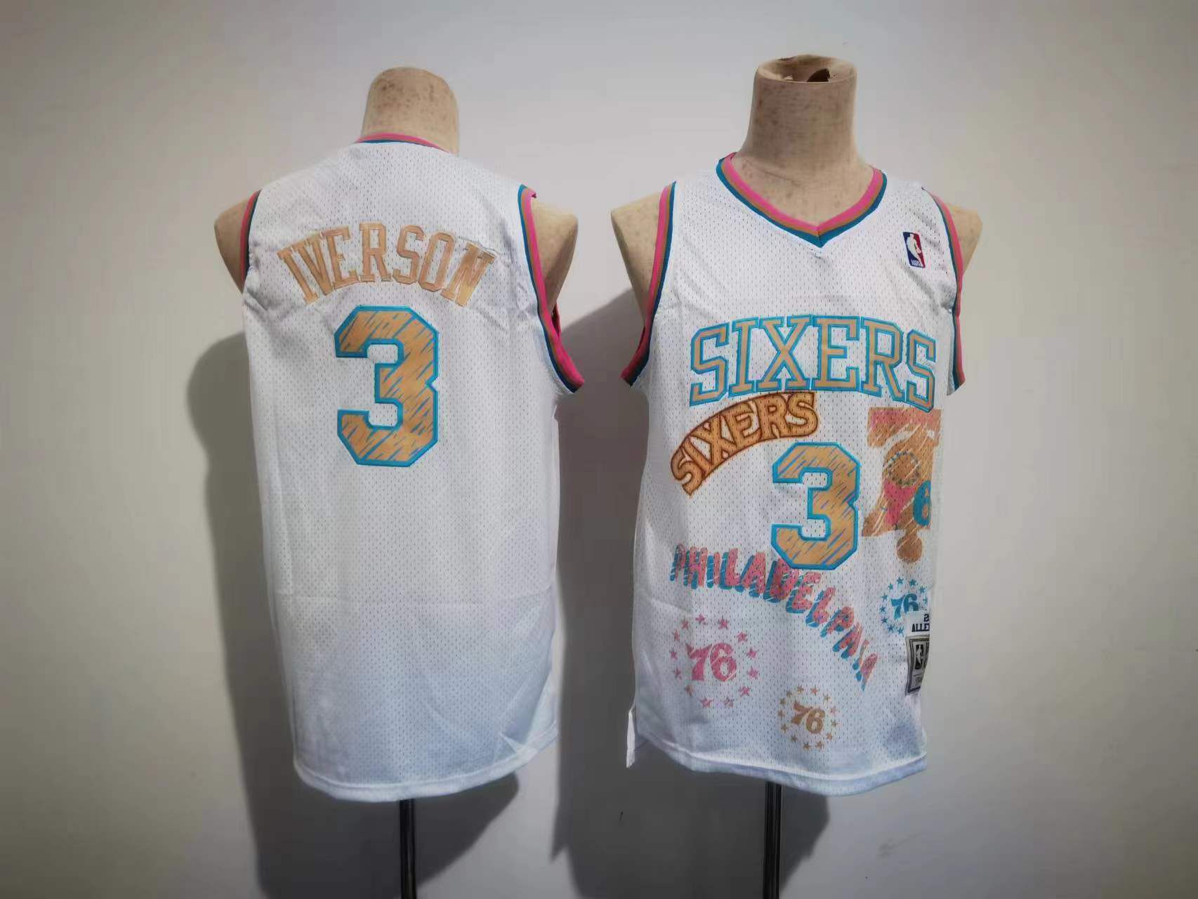 Men Philadelphia 76ers #3 Iverson White Sketching version NBA Jersey